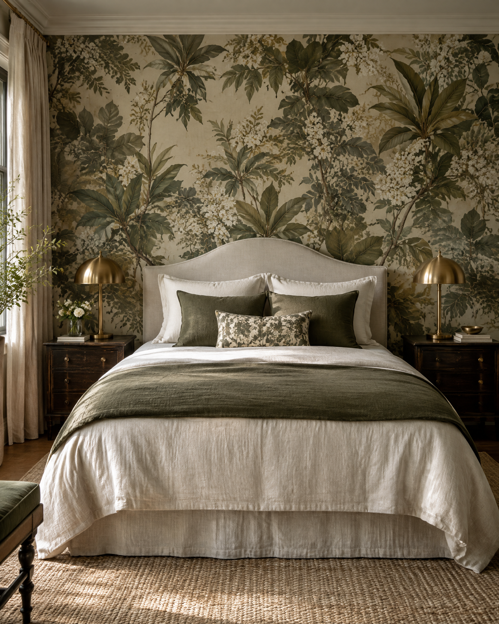 Botanical wallpaper in a refined bedroom